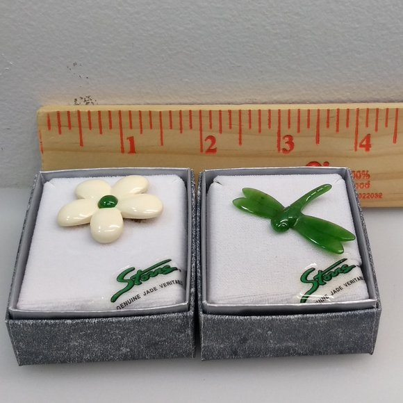 2 VTG JADE MOTHER OR PEARL PINS DRAGONFLY FLOWER - Picture 5 of 8